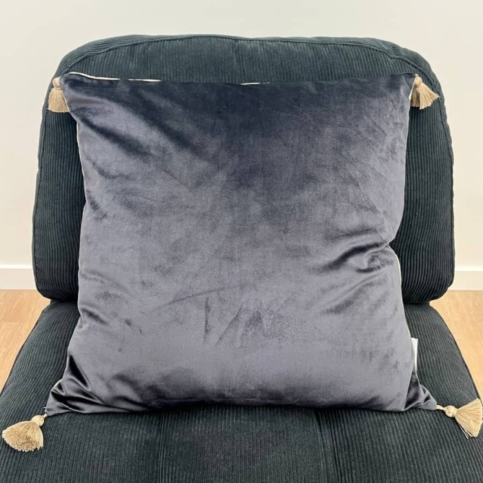 Housse de Coussin en velours avec pompon Coulisse double face beige et noir - Tissu d'éditeur