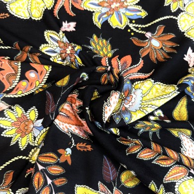 Tissu jersey viscose nature fleur noir multicolore