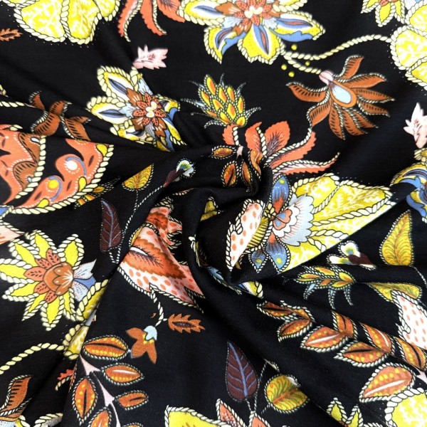 Tissu jersey viscose nature fleur noir multicolore Tissu jersey viscose nature fleur noir multicolore