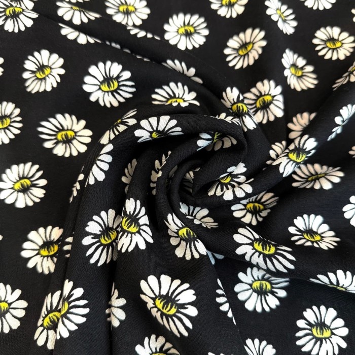 Tissu viscose pâquerette noir multicolore Tissu viscose pâquerette noir multicolore