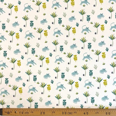 Tissu Coton imprimé animaux feuilles blanc multicolore Tissu Coton imprimé animaux feuilles blanc multicolore