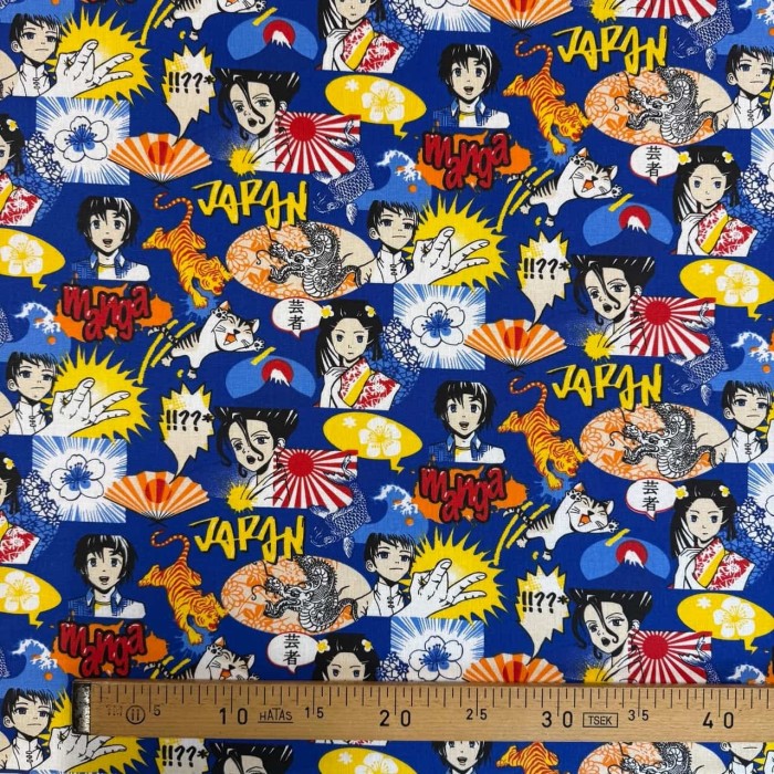 Tissu Coton imprimé Kyoto graphique bleu multicolore Tissu Coton imprimé Kyoto graphique bleu multicolore