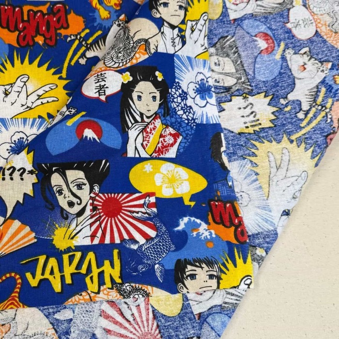 Tissu Coton imprimé Kyoto graphique bleu multicolore Tissu Coton imprimé Kyoto graphique bleu multicolore