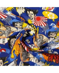 Tissu Coton imprimé Kyoto graphique bleu multicolore Tissu Coton imprimé Kyoto graphique bleu multicolore