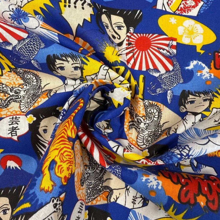 Tissu Coton imprimé Kyoto graphique bleu multicolore Tissu Coton imprimé Kyoto graphique bleu multicolore