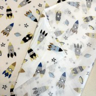 Tissu Coton imprimé Fusée enfant blanc multicolore Tissu Coton imprimé Fusée enfant blanc multicolore