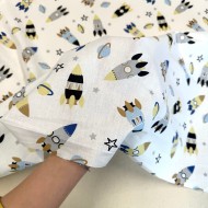 Tissu Coton imprimé Fusée enfant blanc multicolore Tissu Coton imprimé Fusée enfant blanc multicolore