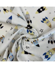 Tissu Coton imprimé Fusée enfant blanc multicolore Tissu Coton imprimé Fusée enfant blanc multicolore