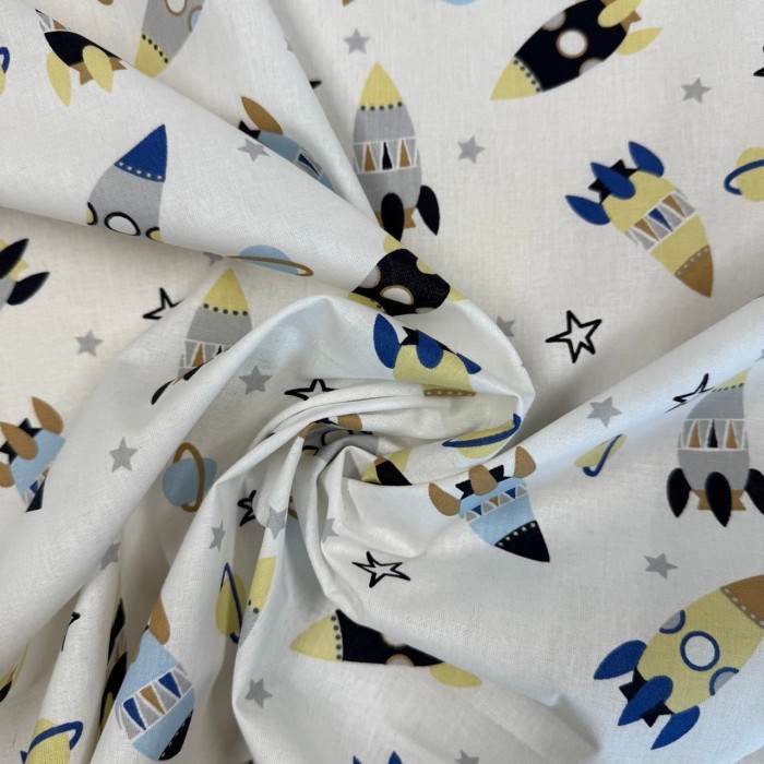 Tissu Coton imprimé Fusée enfant blanc multicolore Tissu Coton imprimé Fusée enfant blanc multicolore