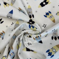 Tissu Coton imprimé Fusée enfant blanc multicolore Tissu Coton imprimé Fusée enfant blanc multicolore
