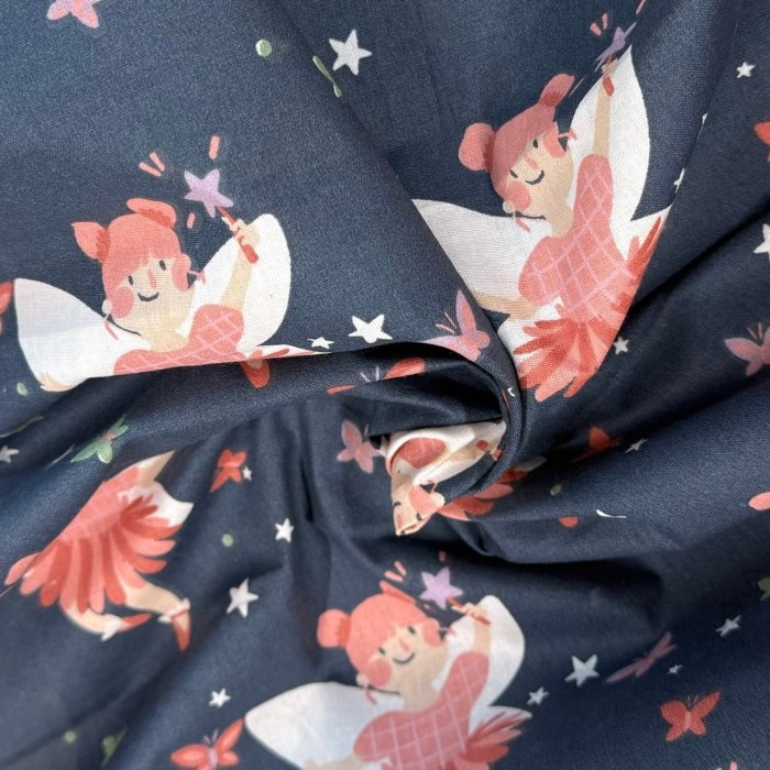 Tissu Coton imprimé Mélusine fée enfant bleu multicolore Tissu Coton imprimé Mélusine fée enfant bleu multicolore