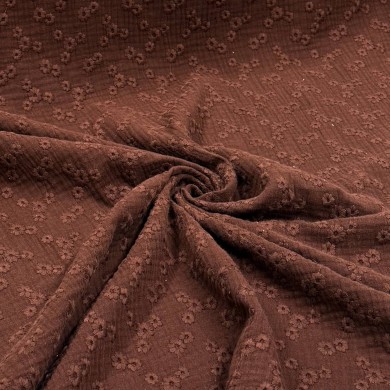 Tissu Double Gaze brodé Esmée fleur marron