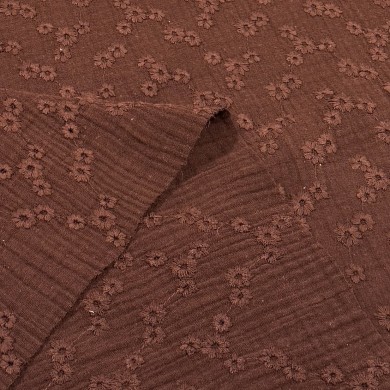 Tissu Double Gaze brodé Esmée fleur marron