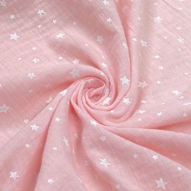 Tissu Double Gaze coton étoile enfant rose