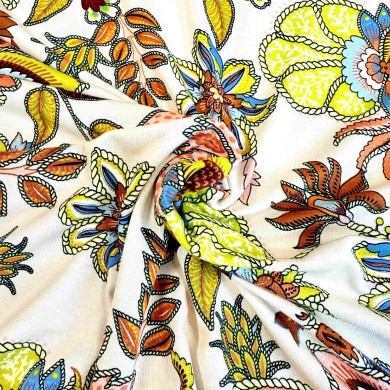 Tissu jersey viscose nature fleur rose multicolore