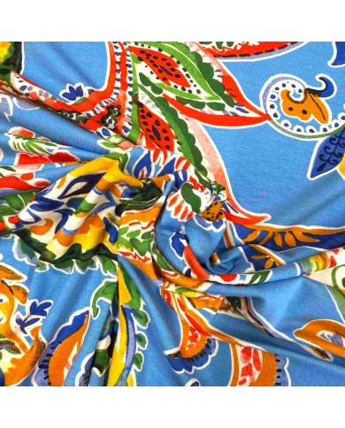 Tissu jersey viscose fleur paisley bleu multicolore