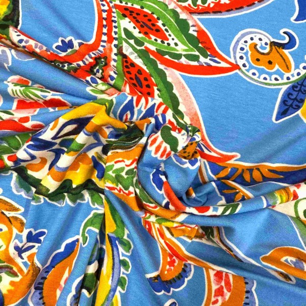 Tissu jersey viscose fleur paisley bleu multicolore Tissu jersey viscose fleur paisley bleu multicolore