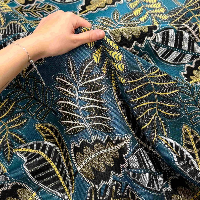 Tissu Jacquard Austral feuille bleu Tissu Jacquard Austral feuille bleu