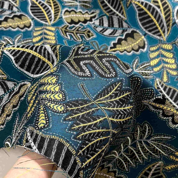 Tissu Jacquard Austral feuille bleu Tissu Jacquard Austral feuille bleu
