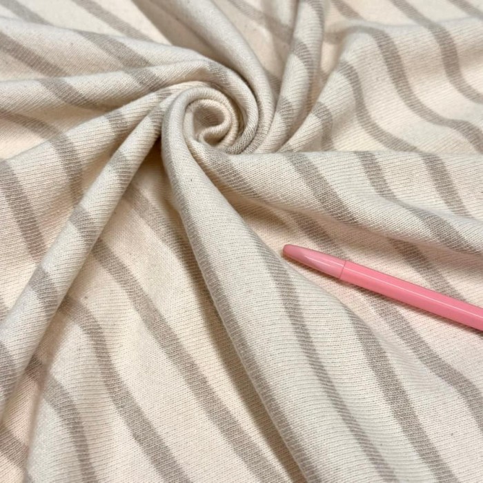 Tissu maille coton à rayures crème et taupe - Marque Française
