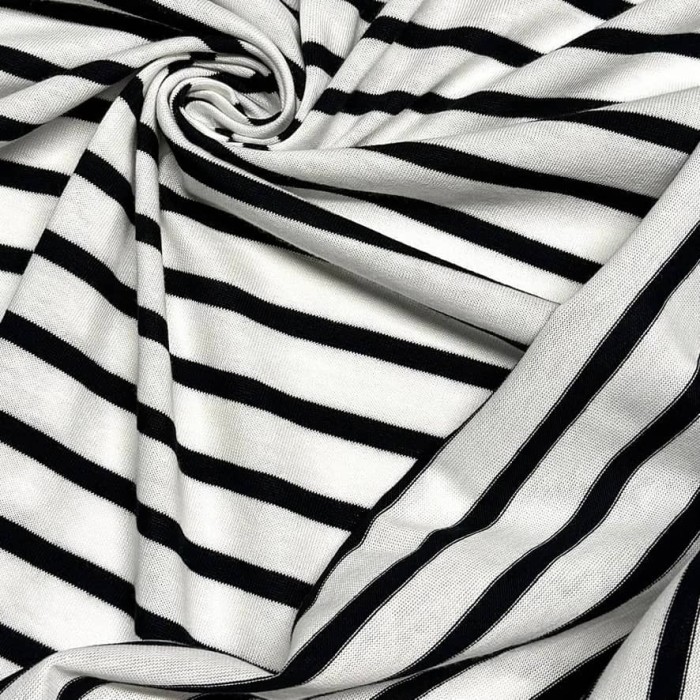 Tissu maille jersey coton à rayures blanc et noir - Marque Française