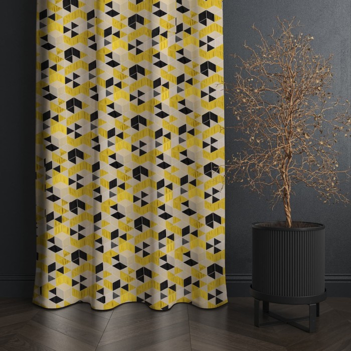 Tissu Jacquard Arletty géométrique jaune noir blanc