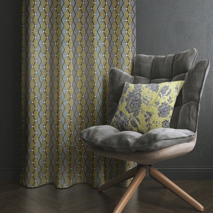 Tissu Jacquard Kenya Jaune géométrique bleu