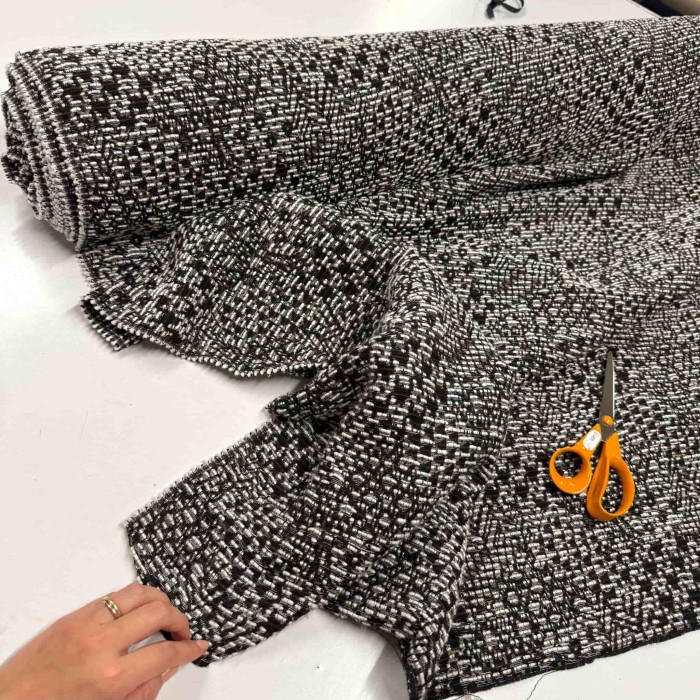 Tissu polyester coton tweed fantaisie noir marron blanc