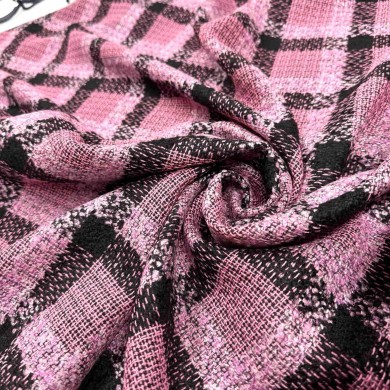 Tissu laine polyester effet tweed carreaux rose noir Tissu laine polyester effet tweed carreaux rose noir
