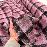 Tissu laine polyester effet tweed carreaux rose noir Tissu laine polyester effet tweed carreaux rose noir