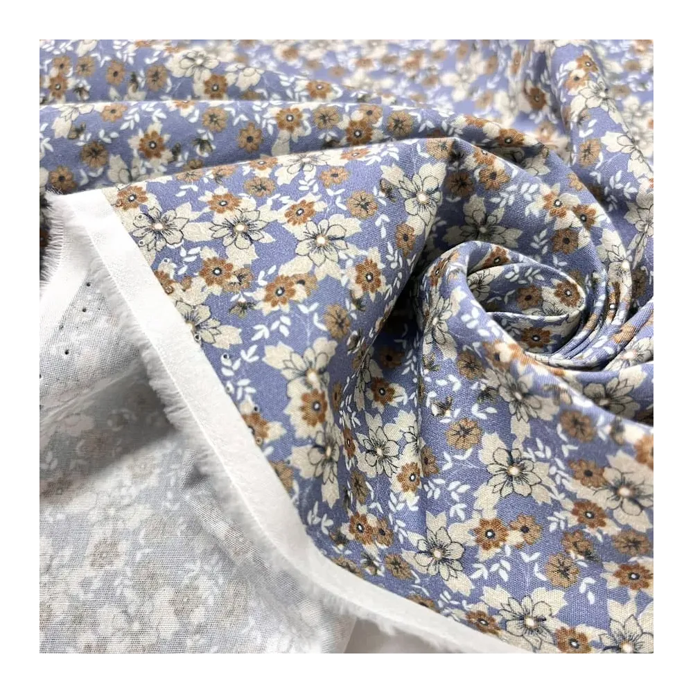 Tissu coton fleuri bleu multi-couleurs