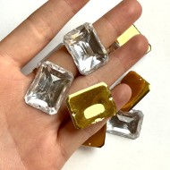 Pierre strass à coudre 2 trous transparent fond or 25mm