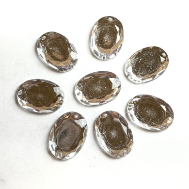 Pierre strass à coudre ovale 2 trous transparent fond argent 25mm