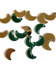 Pierre strass à coudre lune 2 trous vert fond or 12mm