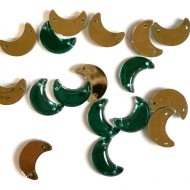 Pierre strass à coudre lune 2 trous vert fond or 12mm