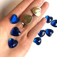Pierre strass à coudre cœur 2 trous bleu fond or 16mm