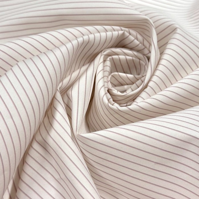 Tissu coton popeline blanc à rayures abricot - Haute couture