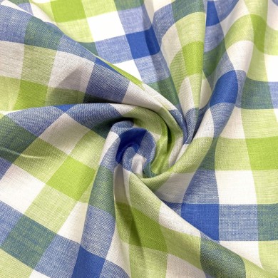 Tissu coton carreaux bleu vert crème