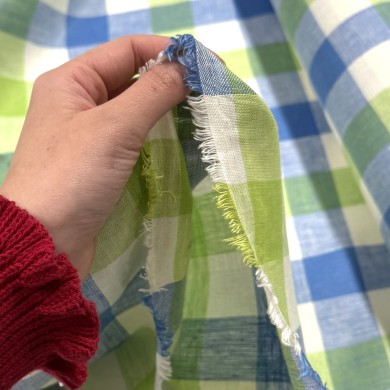 Tissu coton carreaux bleu vert crème
