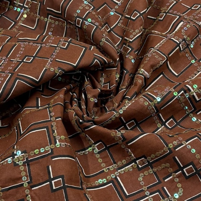 Tissu coton géométrique marron à sequins Tissu coton géométrique marron à sequins