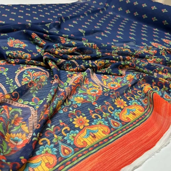 Tissu voile de polyester à fleurs fantaisie bleu multi-couleur Tissu voile de polyester à fleurs fantaisie bleu multi-couleur