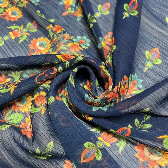 Tissu voile de polyester à fleurs fantaisie bleu multi-couleur Tissu voile de polyester à fleurs fantaisie bleu multi-couleur
