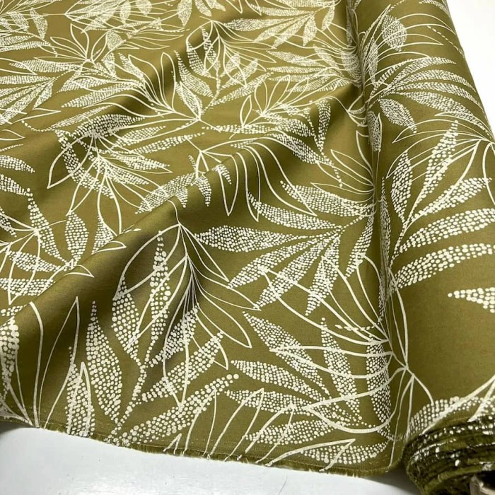 Tissu coton élasthanne feuille kaki