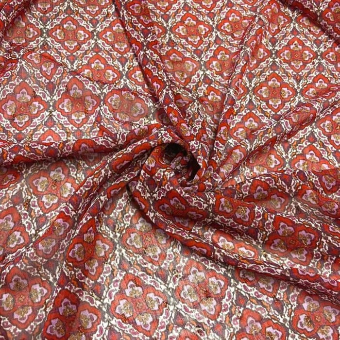 Tissu voile de polyester à fleurs arabesque rouge rose