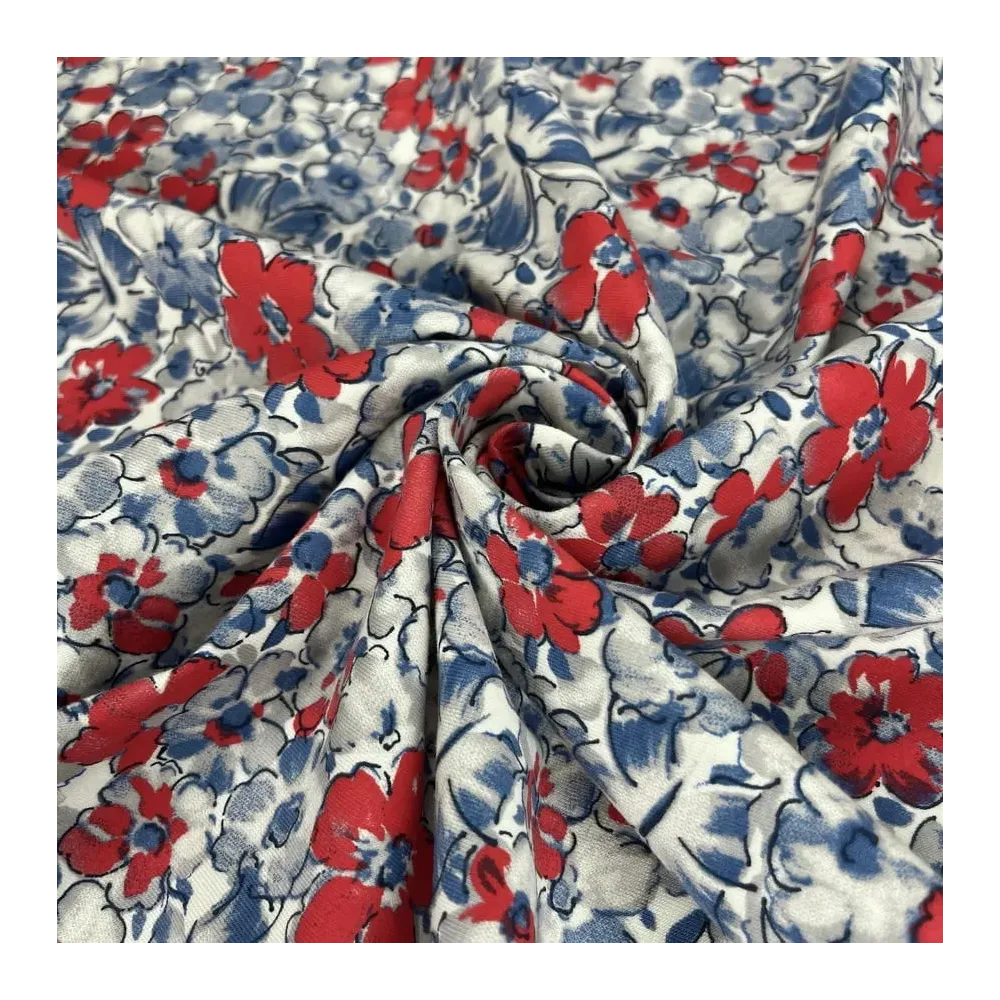Tissu jersey coton fleurs rouge bleu