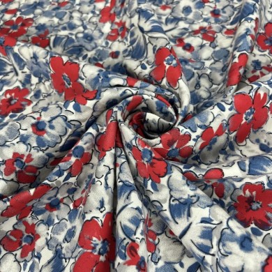 Tissu jersey coton fleurs rouge bleu
