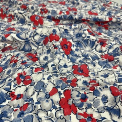 Tissu jersey coton fleurs rouge bleu