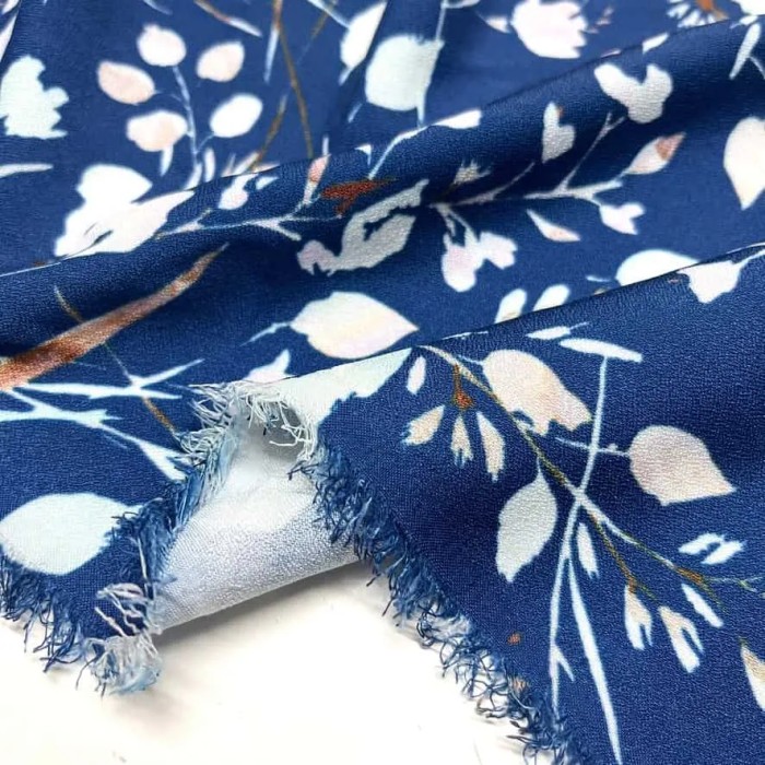 Tissu crêpe polyester fleur sakura bleu