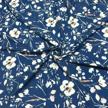 Tissu crêpe polyester fleur sakura bleu