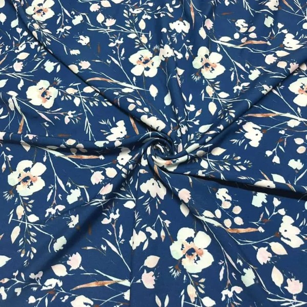 Tissu crêpe polyester fleur sakura bleu Tissu crêpe polyester fleur sakura bleu